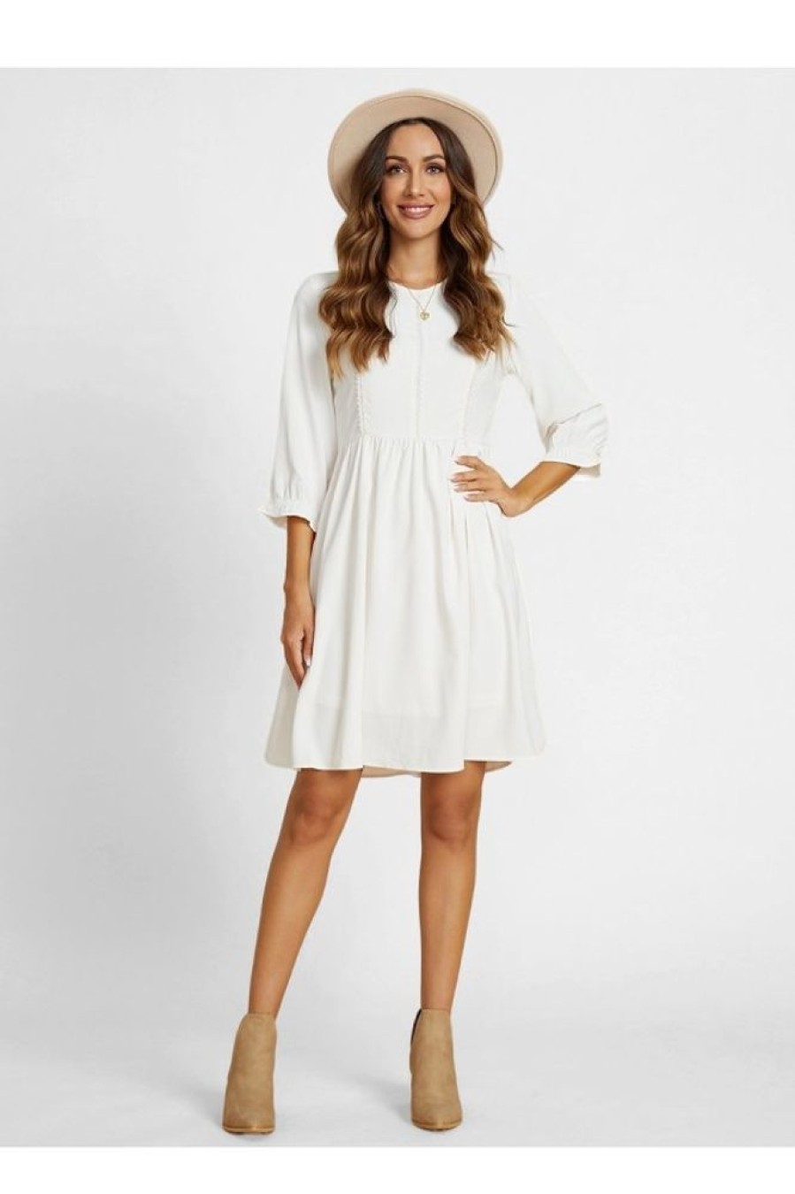 Clothing Azzlee Midi Dresses | Solid High Waist Round Neck 3/4 Sleeve Midi Dress White