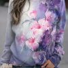 Clothing Azzlee Sweatshirt & Hoodies | Casual Graphic Tops Round Neck Long Sleeve Floral Printed Sweatshirts Purple