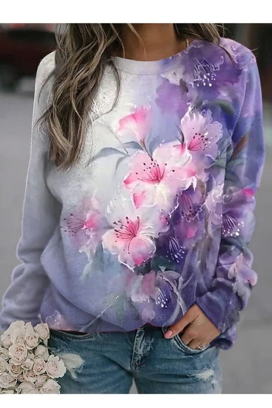 Clothing Azzlee Sweatshirt & Hoodies | Casual Graphic Tops Round Neck Long Sleeve Floral Printed Sweatshirts Purple