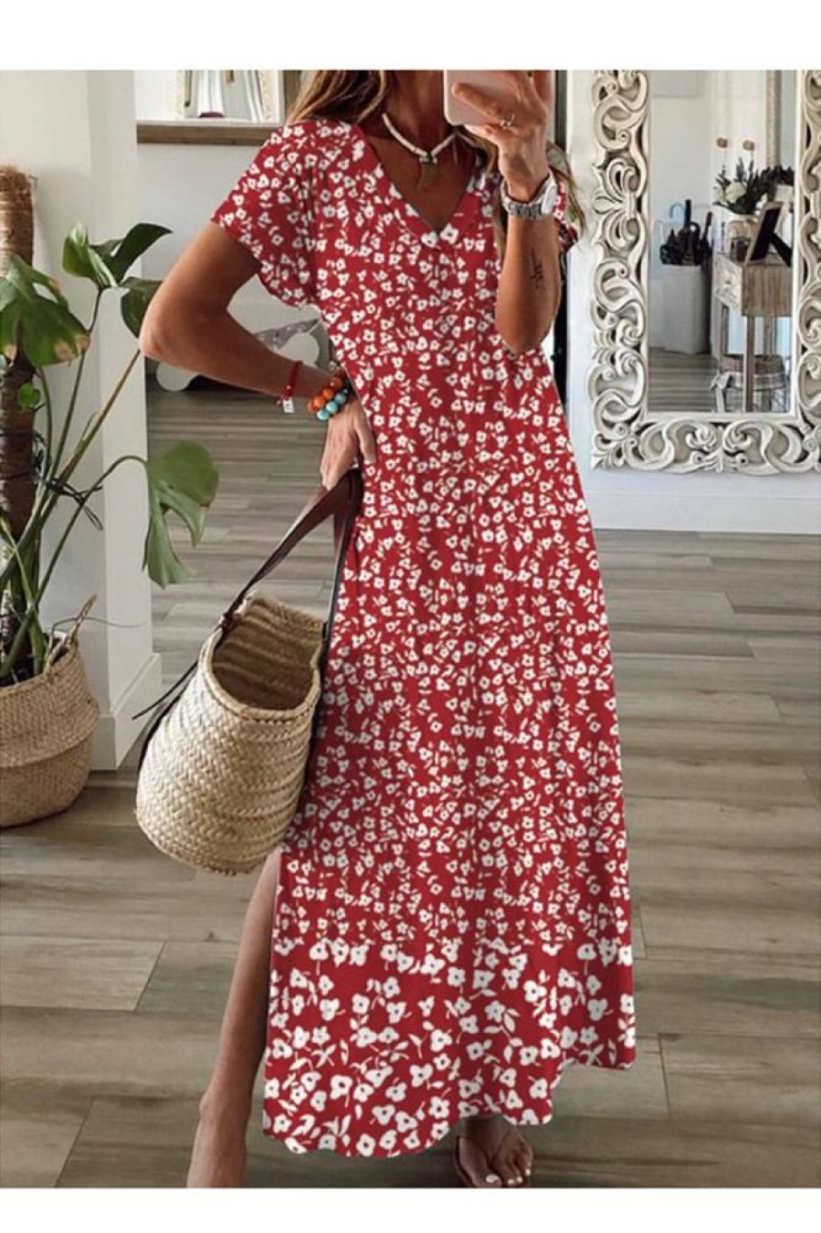 Clothing Azzlee Maxi Dresses | V-Neck Short Sleeve Loose Vacation Floral Maxi Dress Red