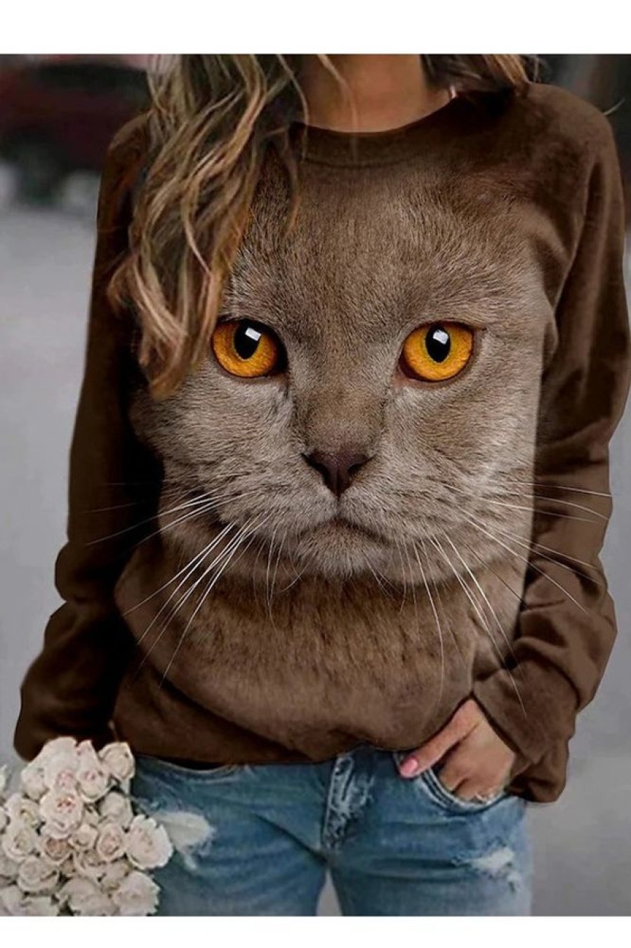 Clothing Azzlee Sweatshirt & Hoodies | Casual Graphic Tops Round Neck Long Sleeve Cat Printed Sweatshirts Brown