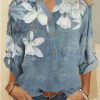 Clothing Azzlee Sweatshirt & Hoodies | Floral Print Collared Long Sleeve Blouse With Buttons Blue