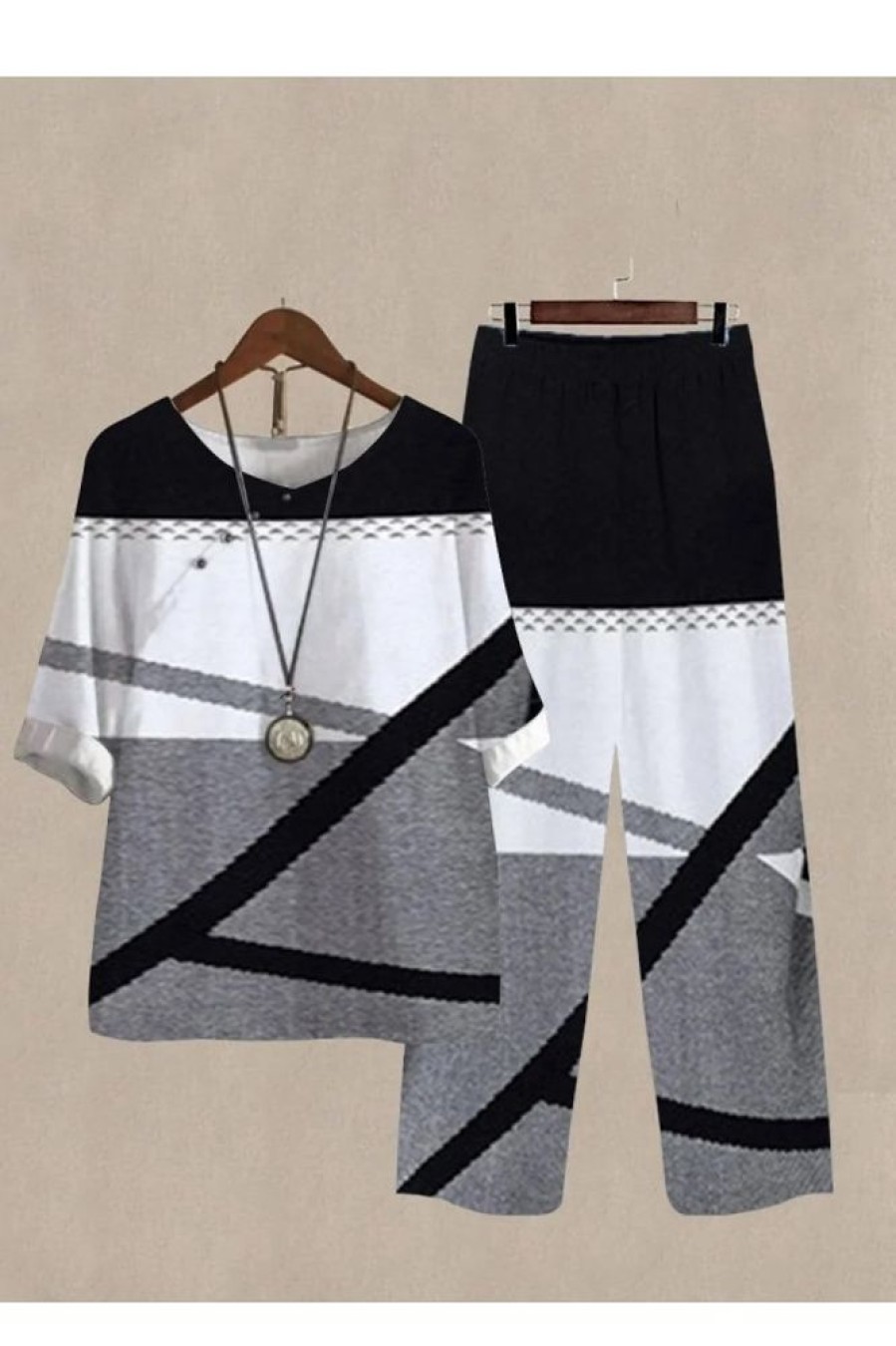 Clothing Azzlee | Casual Round Neck Color Block Printed Daily Two Piece Suit Grey