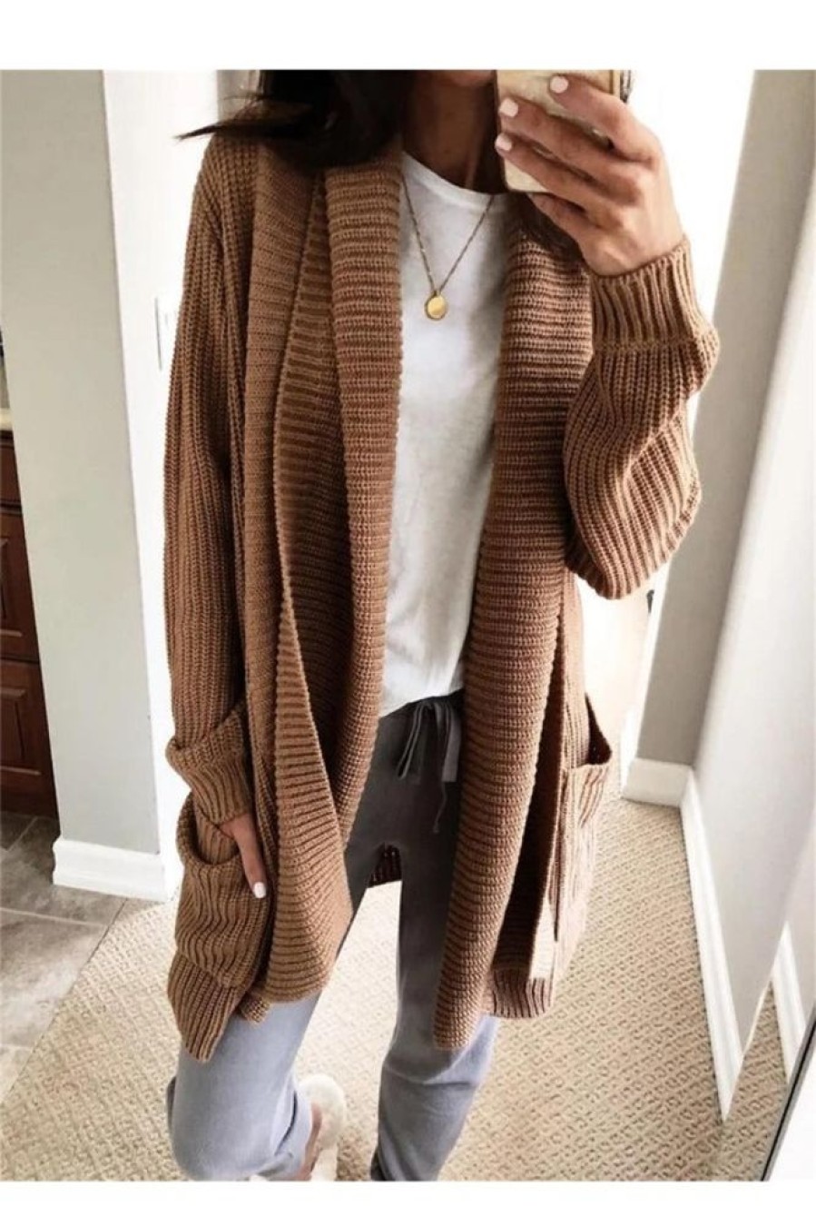 Clothing Azzlee Sweater & Cardigans | Casual Long Sleeve Sweater Cardigan Brown