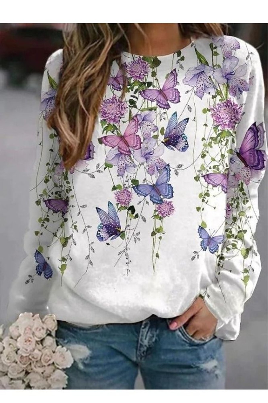 Clothing Azzlee Sweatshirt & Hoodies | Casual Graphic Tops Round Neck Long Sleeve Floral Butterfly Printed Sweatshirts White