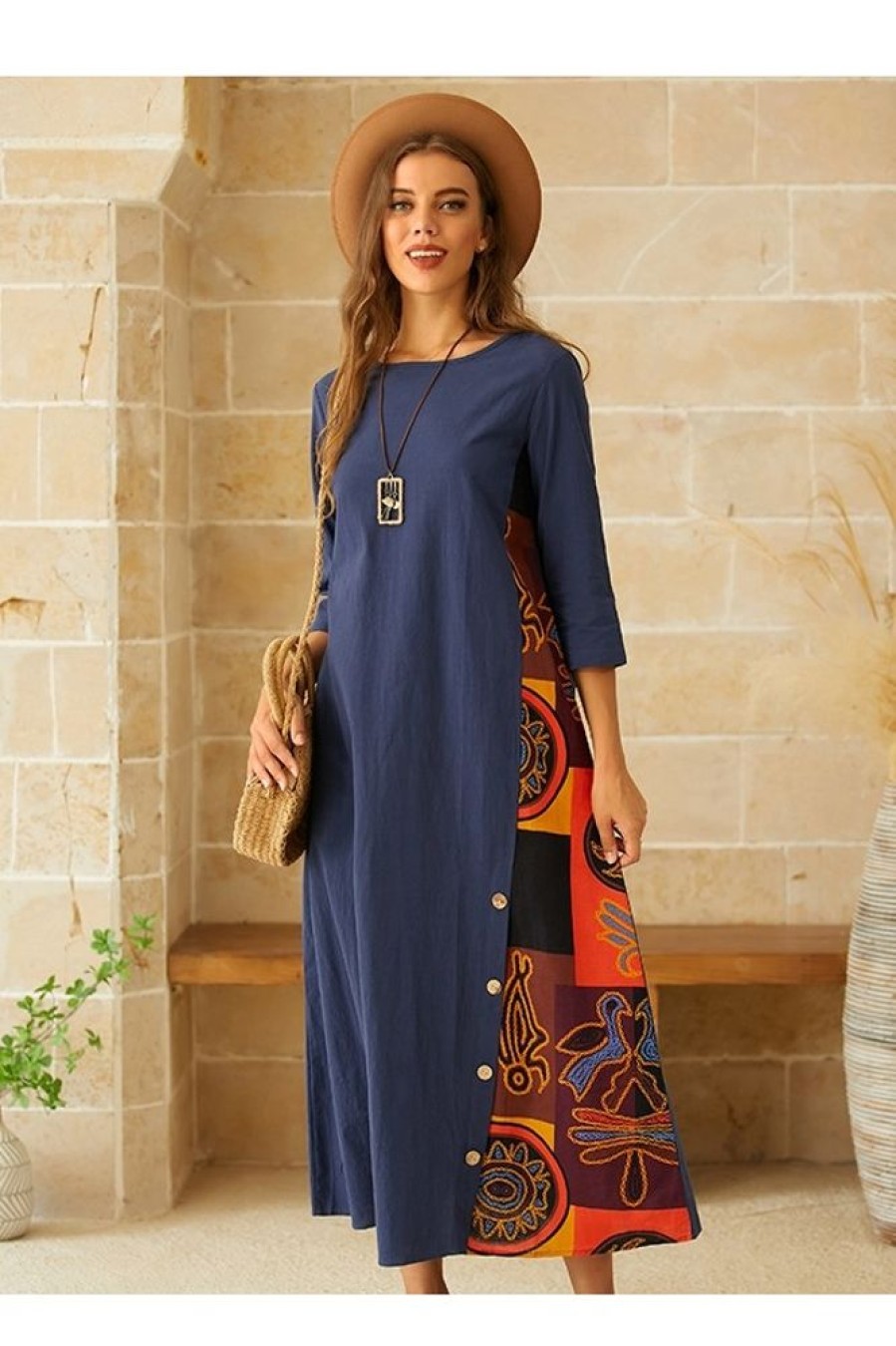 Clothing Azzlee Maxi Dresses | O-Neck Patchwork Print Casual Chic 3/4 Sleeve Maxi Dress