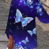 Clothing Azzlee Sweatshirt & Hoodies | Casual Graphic Tops Round Neck Butterfly Printed Long Sleeve Blouse Blue