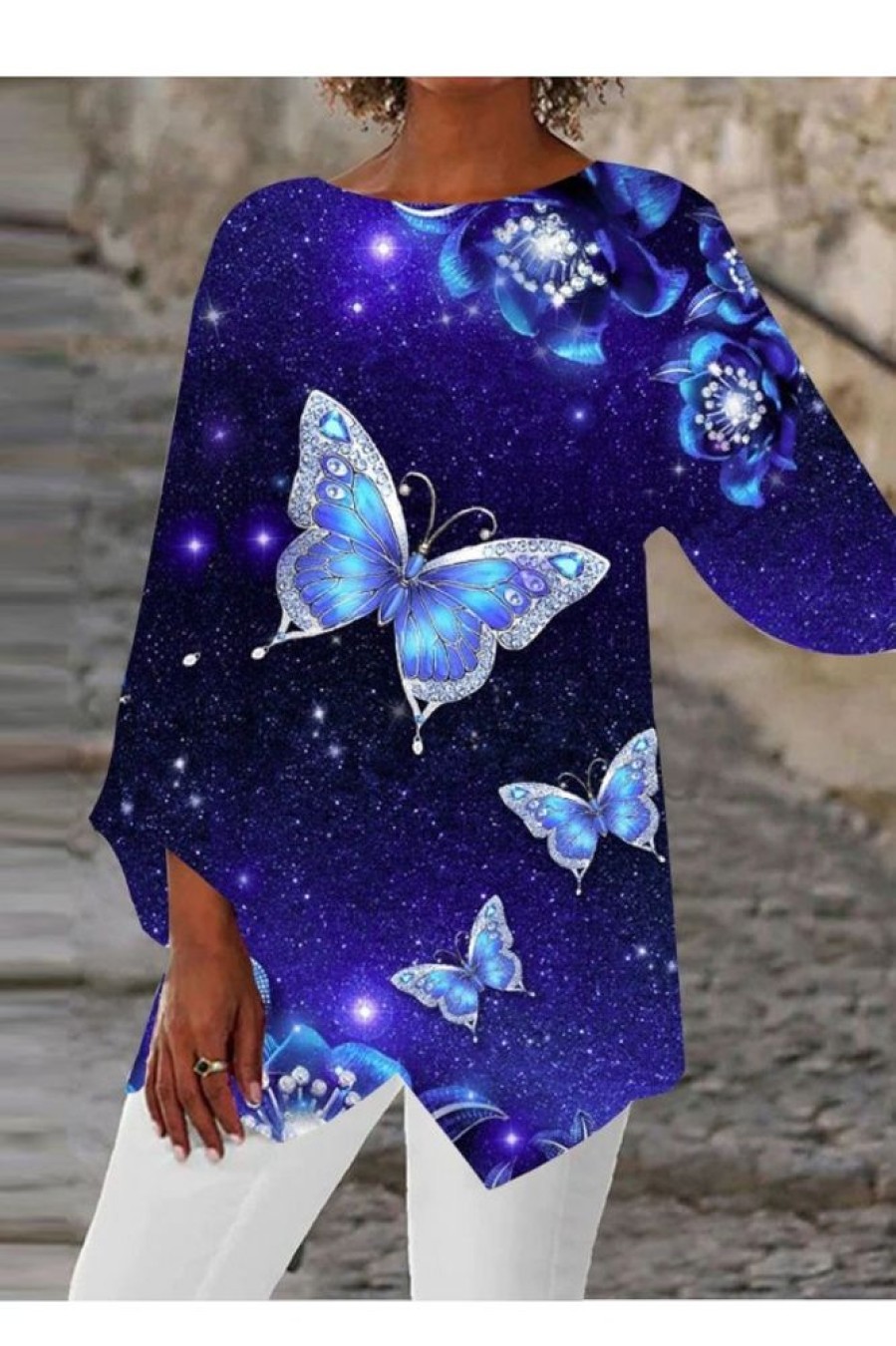 Clothing Azzlee Sweatshirt & Hoodies | Casual Graphic Tops Round Neck Butterfly Printed Long Sleeve Blouse Blue