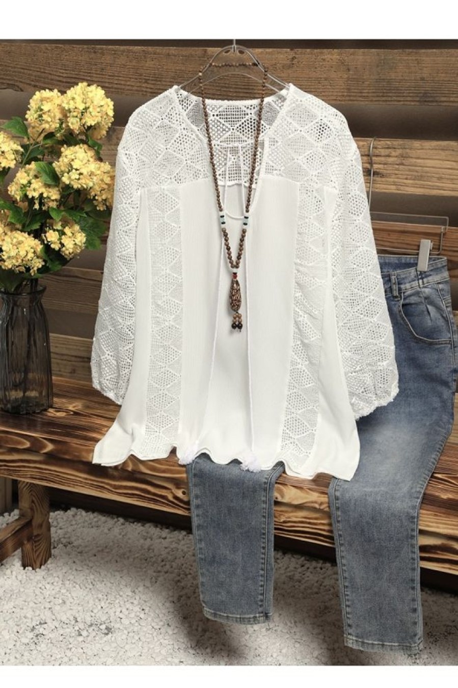 Clothing Azzlee Blouse & Shirts | Solid Hollow Out Casual V-Neck 3/4 Sleeve Shirt White