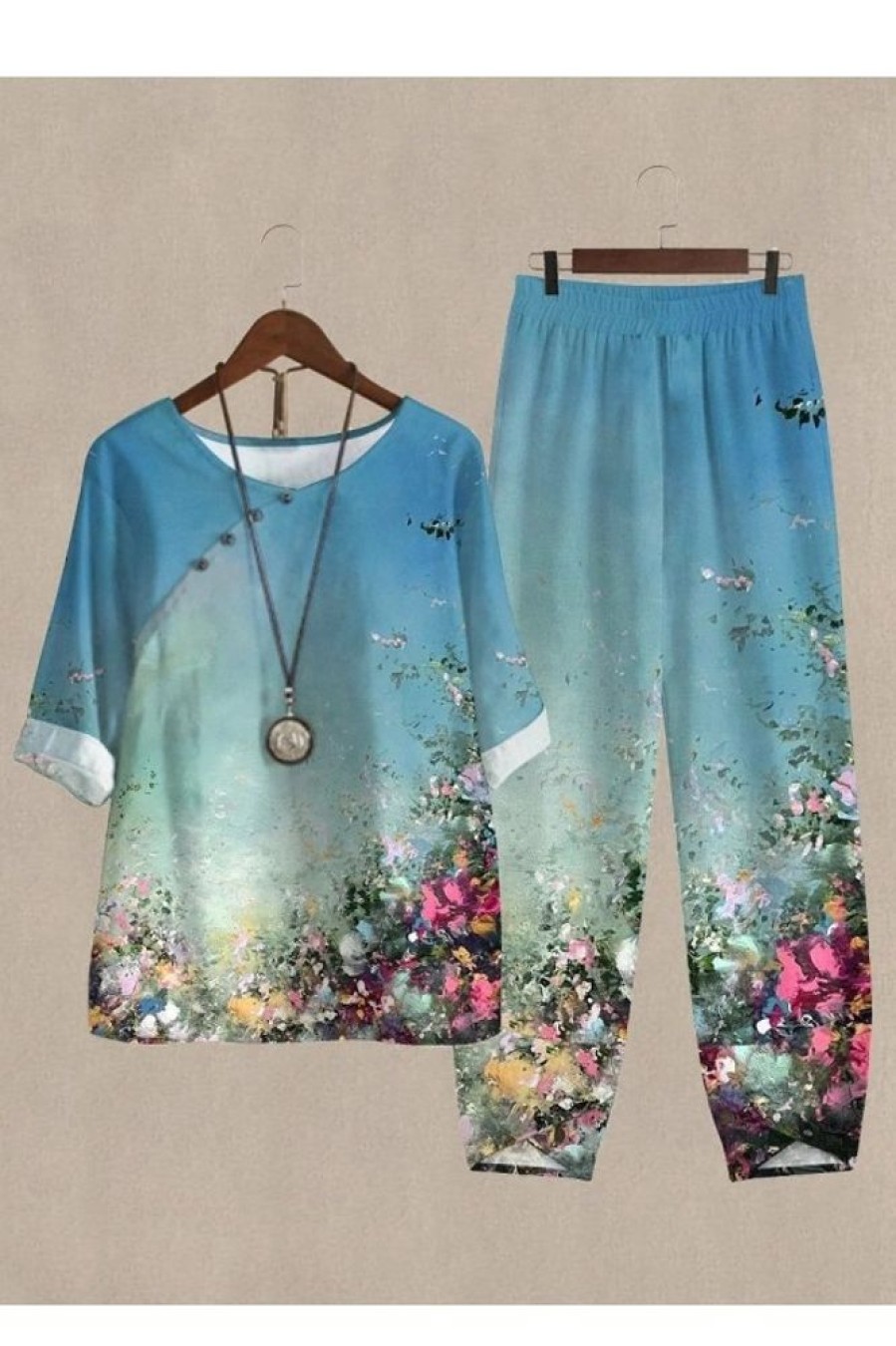 Clothing Azzlee | Casual Round Neck Floral Printed Daily Two Piece Suit Blue