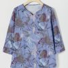 Clothing Azzlee Blouse & Shirts | Floral Printed V-Neck 3/4 Sleeve Shirt Marbled Indigo