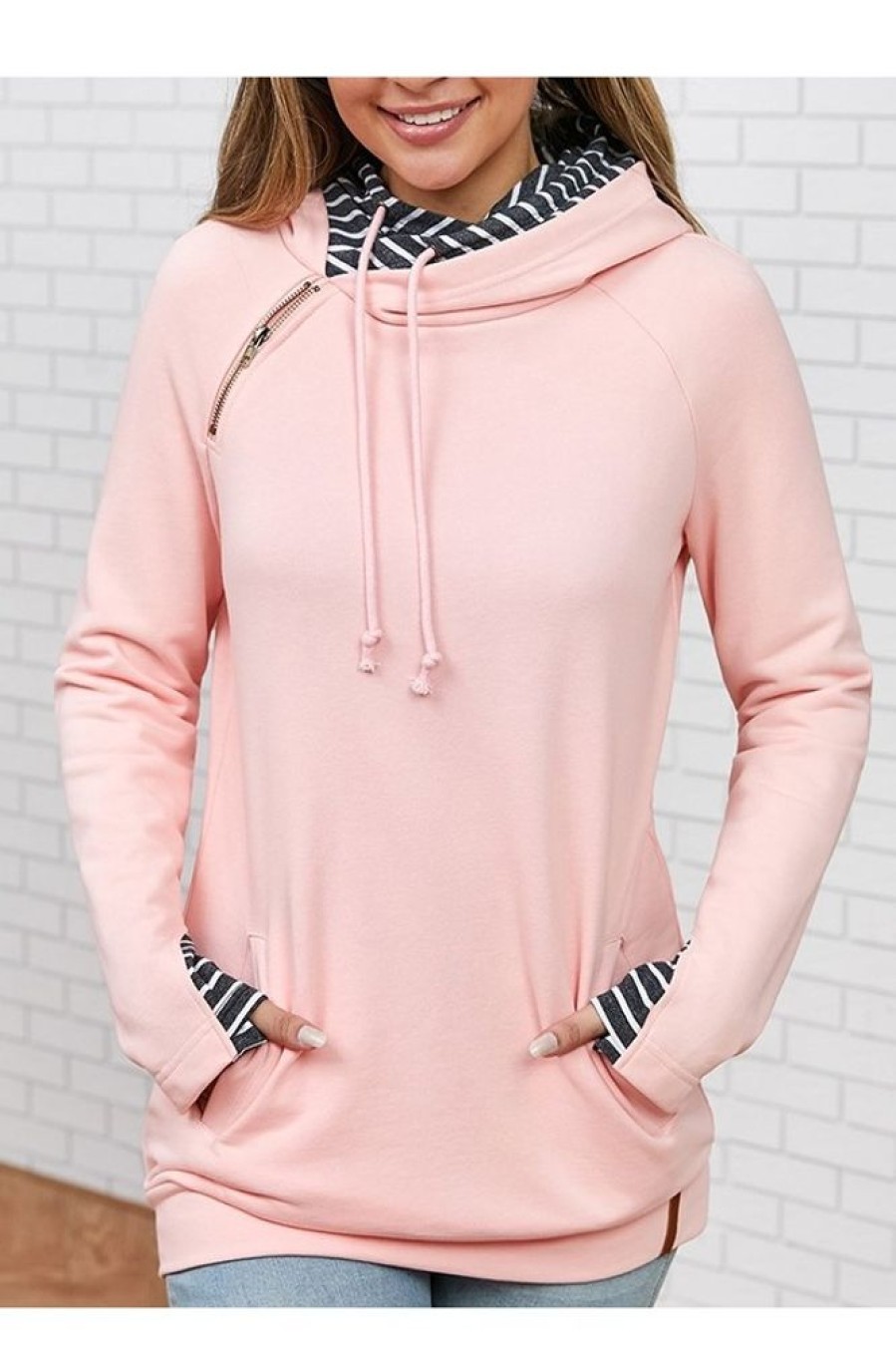 Clothing Azzlee Sweatshirt & Hoodies | Solid Zipper Hoodie Sweatshirt Pink