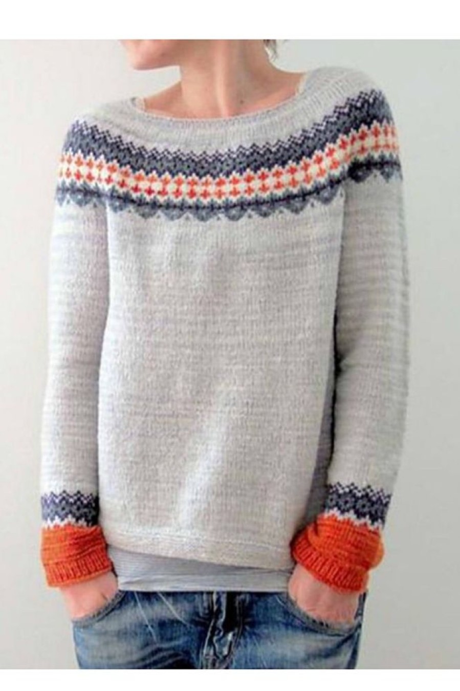 Clothing Azzlee Sweater & Cardigans | Fair Isle Print Boat Neck Long Sleeve Sweater Gray