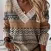 Clothing Azzlee Sweater & Cardigans | Casual Graphic Tops V-Neck Long Sleeve Geometric Printed Sweaters Grey