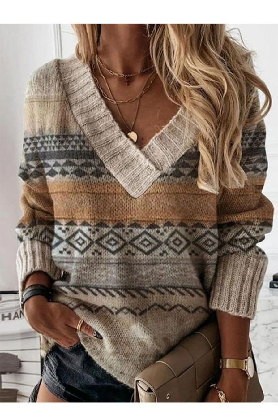 Clothing Azzlee Sweater & Cardigans | Casual Graphic Tops V-Neck Long Sleeve Geometric Printed Sweaters Grey