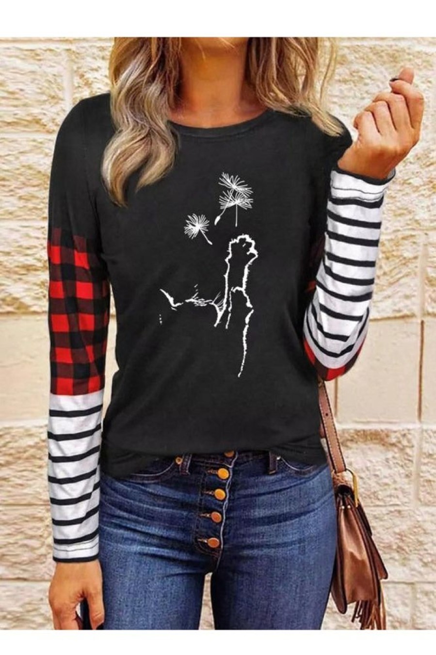 Clothing Azzlee Blouse & Shirts | Casual Graphic Tops Round Neck Long Sleeve Cat Printed Blouse Gray Black