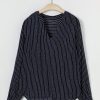 Clothing Azzlee Blouse & Shirts | Printed Casual Summer Long Sleeve V-Neck Blouse Navy Chalk Stripe