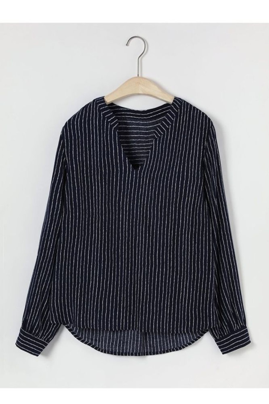 Clothing Azzlee Blouse & Shirts | Printed Casual Summer Long Sleeve V-Neck Blouse Navy Chalk Stripe