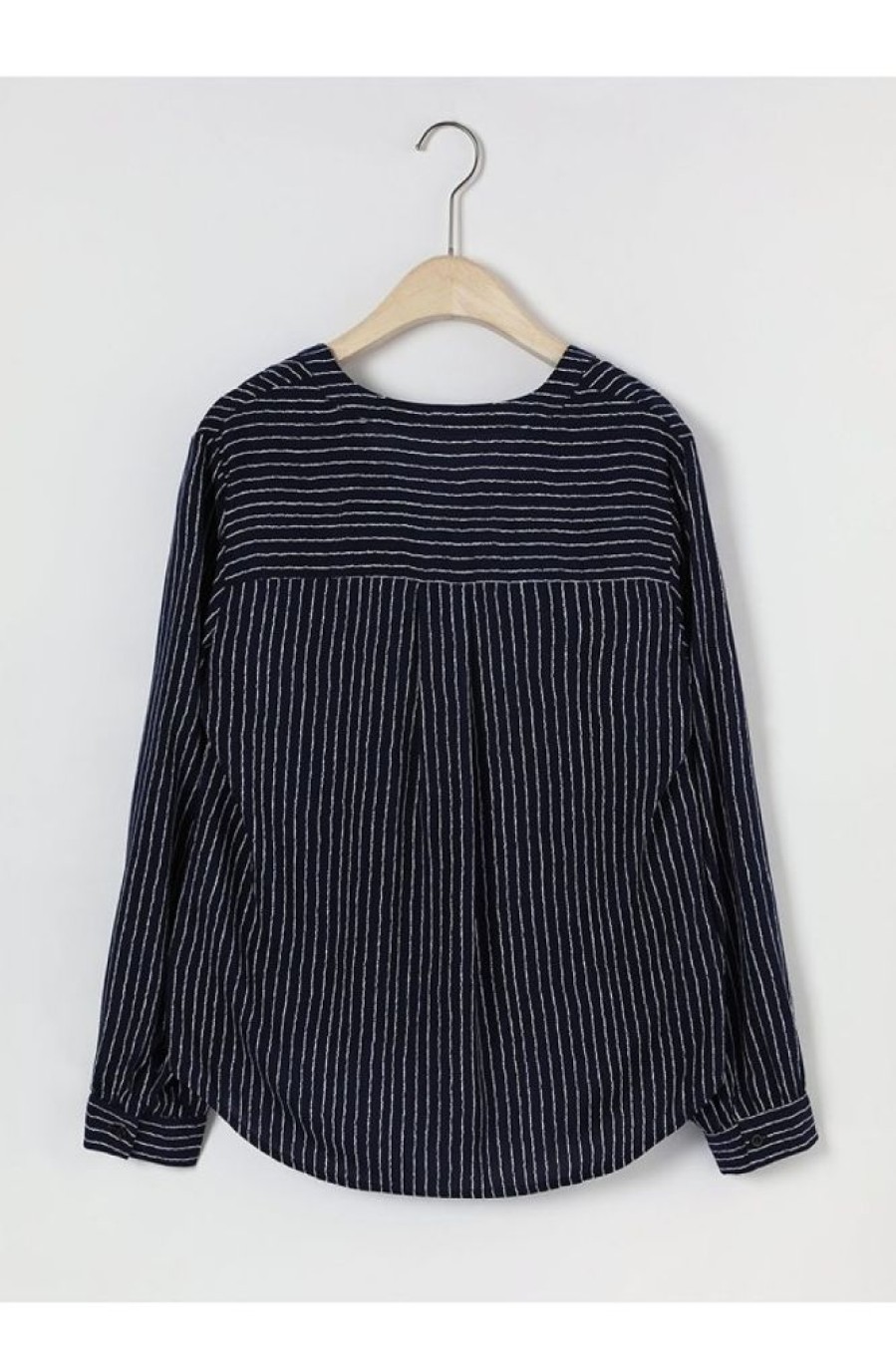 Clothing Azzlee Blouse & Shirts | Printed Casual Summer Long Sleeve V-Neck Blouse Navy Chalk Stripe