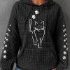 Clothing Azzlee Sweatshirt & Hoodies | Cat Print Casual Waffle Long Sleeve Hoodie Black