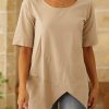 Clothing Azzlee Blouse & Shirts | Round Neck Solid Pockets Casual Half Sleeve Plus Size Blouse Khaki