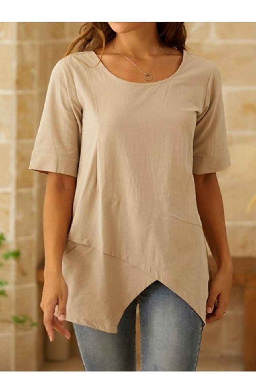 Clothing Azzlee Blouse & Shirts | Round Neck Solid Pockets Casual Half Sleeve Plus Size Blouse Khaki